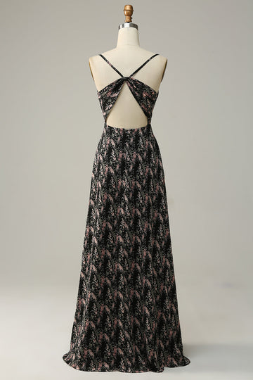 Black A Line Spaghetti Straps Floral Print Chiffon Bridesmaid Dress